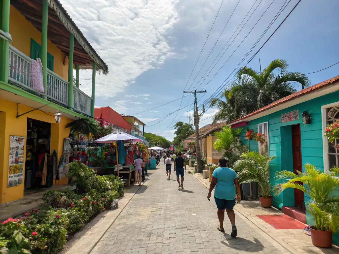 A vibrant street scene in Mustique, capturing the essence of local life with colorful buildings, bustling markets, and friendly faces.