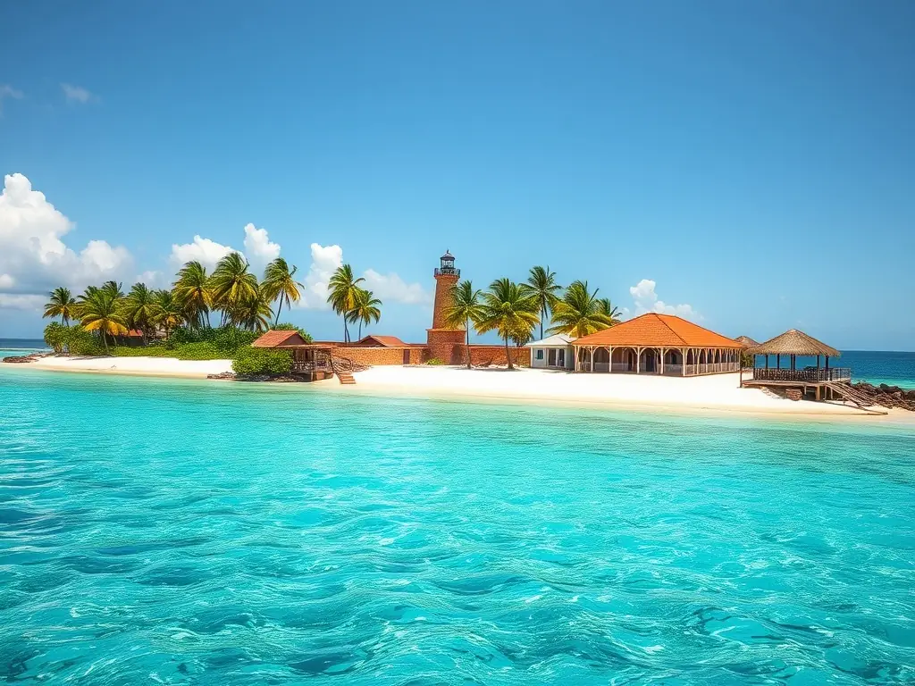 A breathtaking aerial view of the Tobago Cays, showcasing the crystal-clear turquoise waters, vibrant coral reefs, and pristine white-sand beaches.