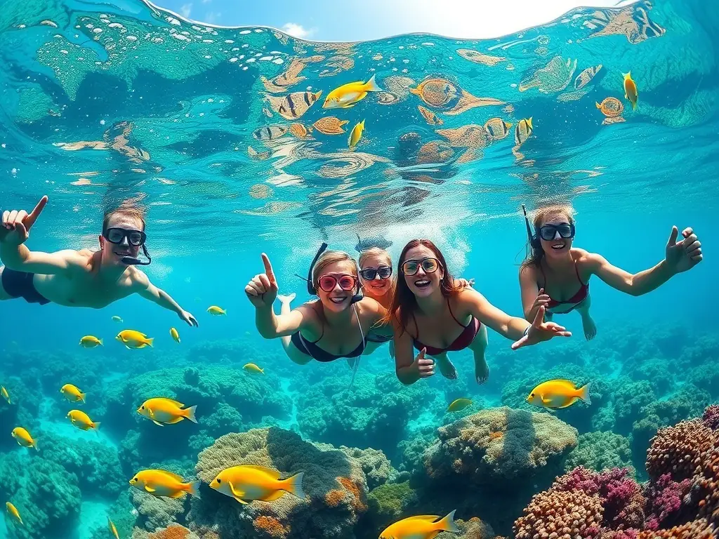 Guests snorkeling in the crystal-clear waters of the Tobago Cays, highlighting the water activities offered by St. Vincents Catamaran Journeys.